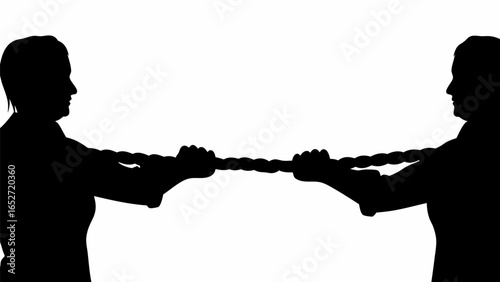 Two people in silhouette pulling a rope in a tug of war competition showing strength and determination