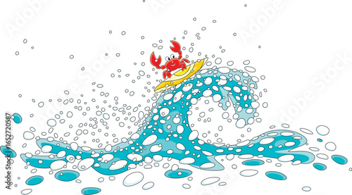 Funny red crab with a small toy surfboard waving its claws in water splashes and surfing on a crest of a large wave on a beach of a tropical sea, vector cartoon illustration on white