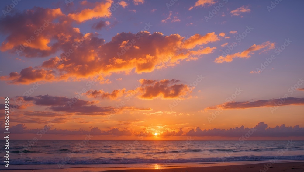 Obraz premium Twilight Sky Showcasing Orange, Yellow, and Purple Shades over a Peaceful Landscape