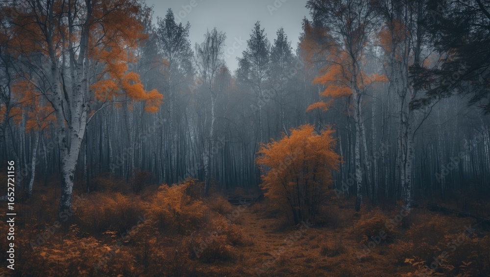 Fototapeta premium Chilling and shadowy fall scene in a remote northern woodland with a bleak atmosphere