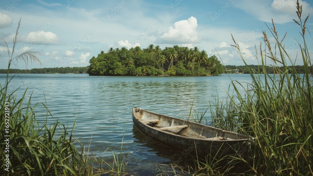 Fototapeta premium Secluded river and island scene featuring vibrant nature and wooden elements