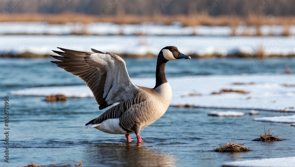 Fototapeta premium A goose with distinctive white front swimming in a wintertime river