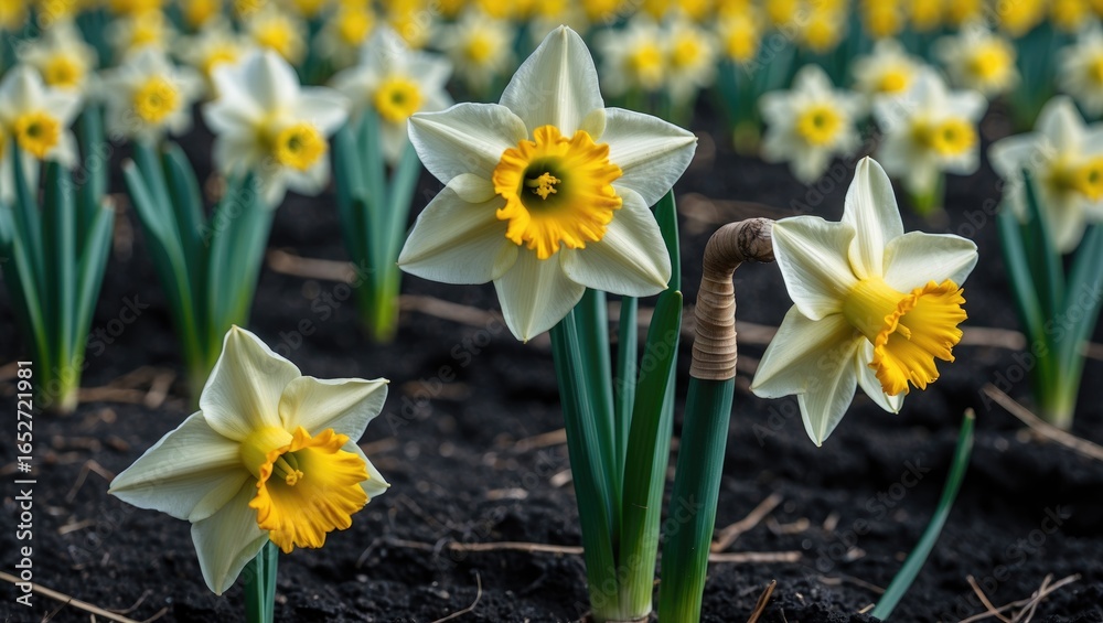 Fototapeta premium Vivid daffodil plant with lush green leaves and blooming yellow flowers on a clear spring day