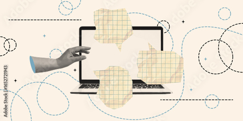 Halftone collage with laptop chat speech bubble. Promotion retro banner with space for your design. Vector illustration.