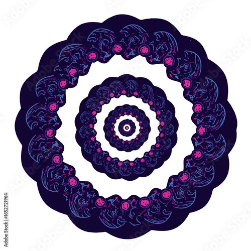 Abstract ornamental illustration of repeating skulls forming a hypnotic and psychedelic circular mandala on a white background.