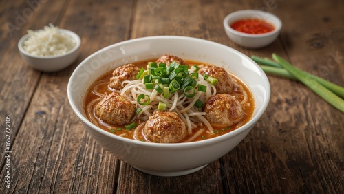 Bowl of chicken meatball noodle dish placed on a table, a well-liked street snack