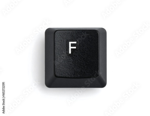 Isolated close up of a black computer keyboard key featuring the letter F symbol