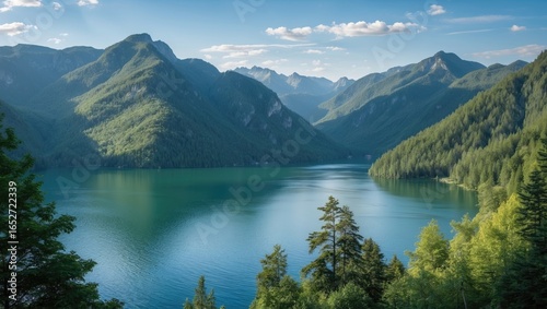 Tranquil lake nestled among...