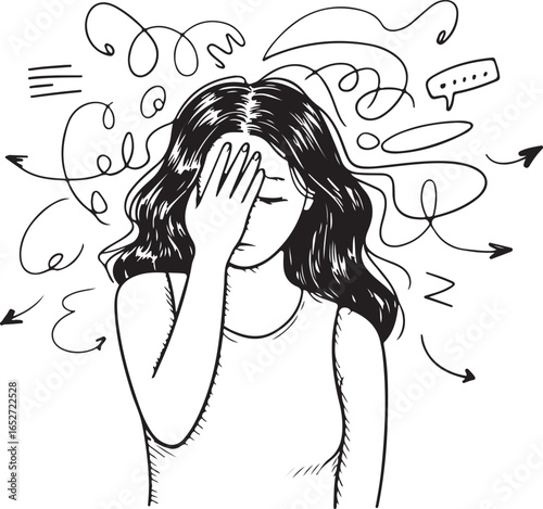 Overwhelmed Woman Vector Illustration with Anxiety and Stress Concept