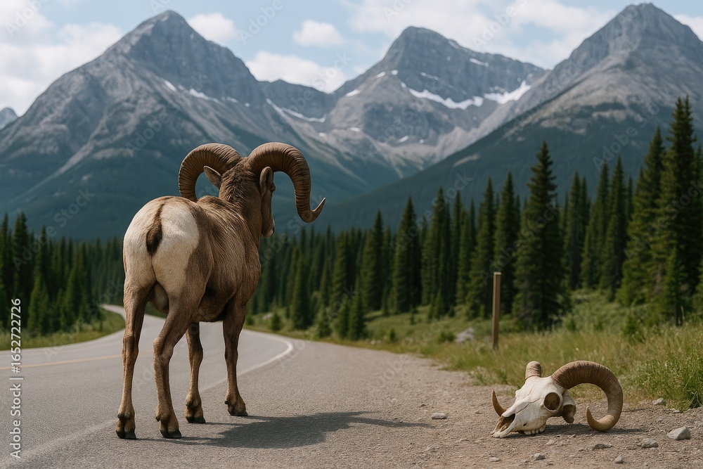 Naklejka premium Mountain goats strolling through rugged terrain