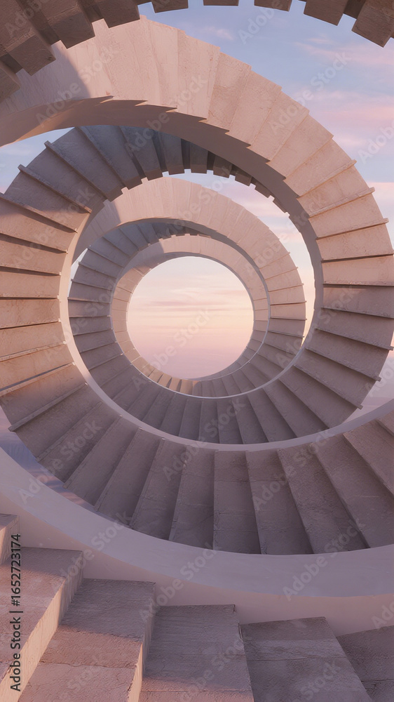 Fototapeta premium A surreal endless staircase spiraling upward into a pastel sky, simple clean architecture, soft lighting with no shadows