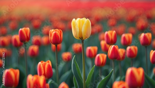 A lone yellow tulip amidst a sea of red tulips