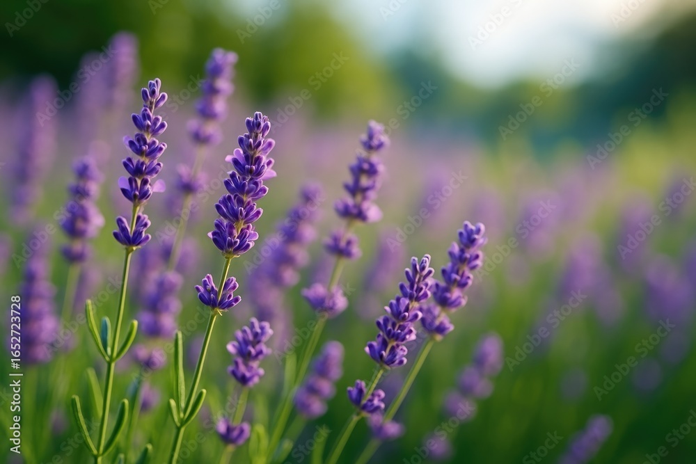 Fototapeta premium Summer garden scene featuring lavender flowers with a blurred natural backdrop