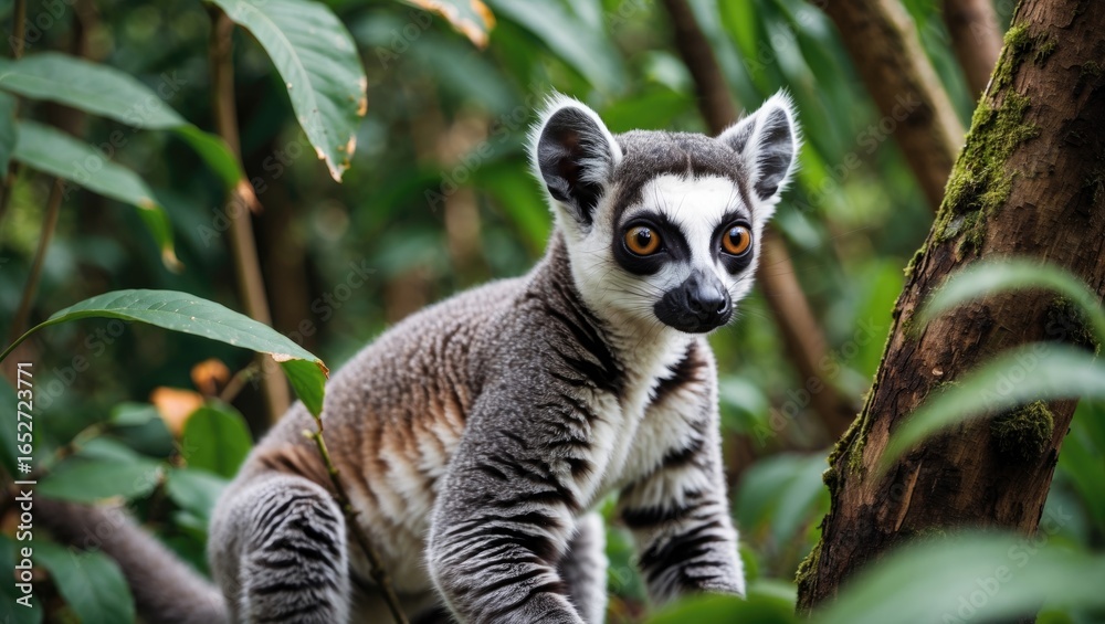 Obraz premium Wild lemur amidst dense green foliage