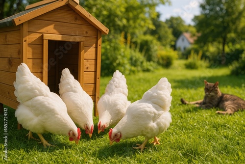Outdoor scene with hens nea...