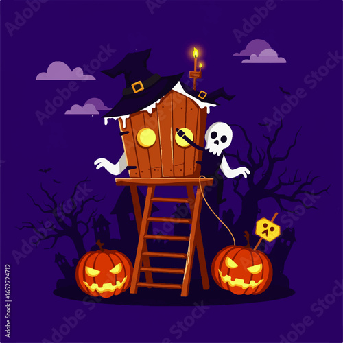 Scary Halloween Night Scene with Jack-o'-lanterns, a Haunted Treehouse, and a Ghostly Figure