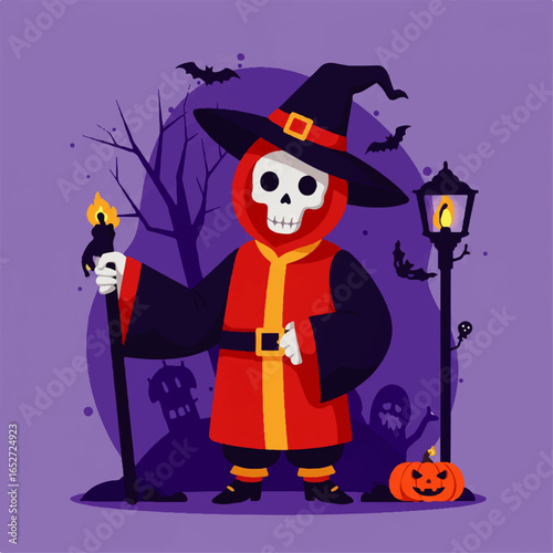 Spooky Halloween Character Illustration with Skeleton Grim Reaper Holding a Torch and Wearing a Witch Hat