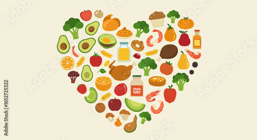 Healthy Food Heart Concept Nutrition Vector Icons Collection