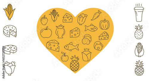 Healthy Food Heart Concept Nutrition Vector Icons Collection