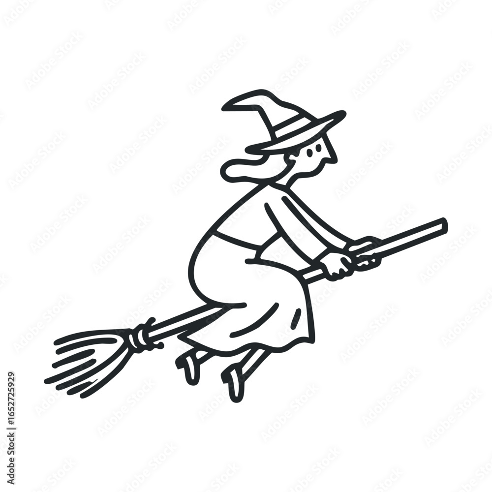 Fototapeta premium Witch flying on broomstick for Halloween celebration decoration