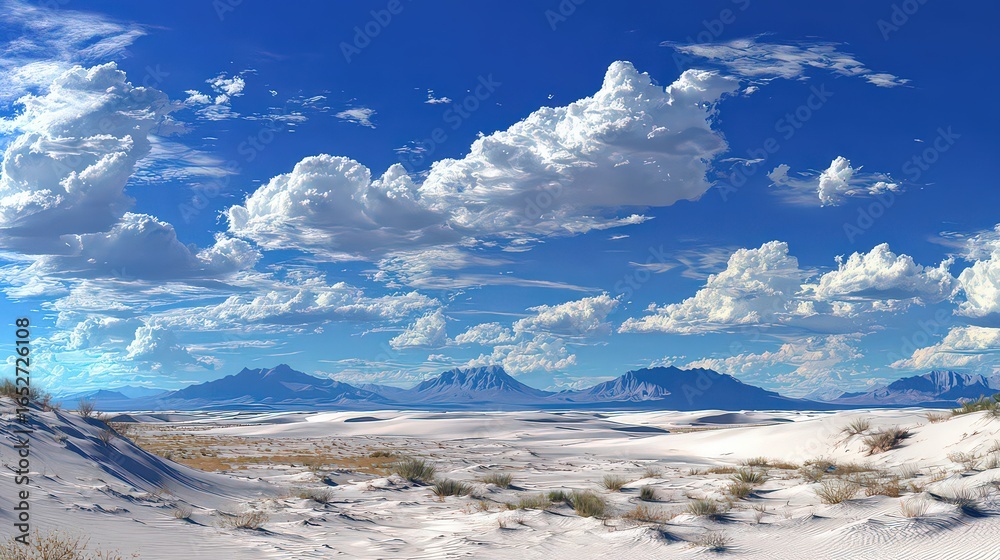 Fototapeta premium Vast White Desert Landscape Under a Blue Sky with Fluffy Clouds