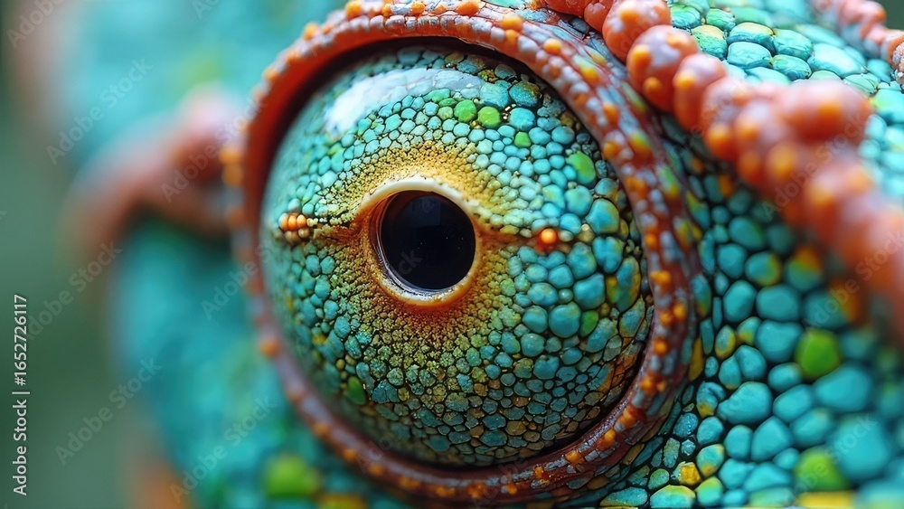 Obraz premium Close up view of a chameleon eye with blue green and orange skin texture detail visible clearly