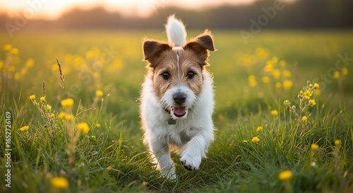 Joyful Jack Russell Terrier running through a sunny meadow filled with vibrant yellow wildflowers at golden hour, evoking feelings of freedom, happiness, and the beauty of nature