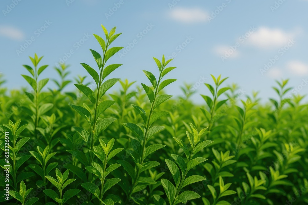 Vivid green shrubbery set against the sky, captured in a close-up view Vivid green shrubbery set against the sky, captured in a close-up view