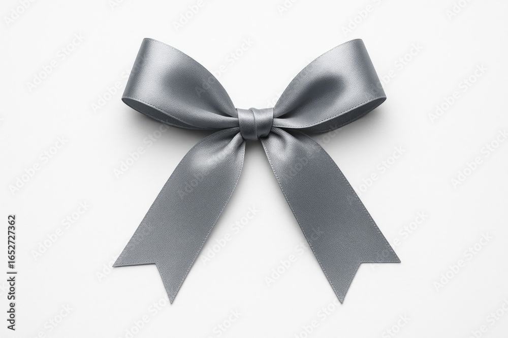 Naklejka premium Gray ribbon fashioned into a bow set on a plain white surface