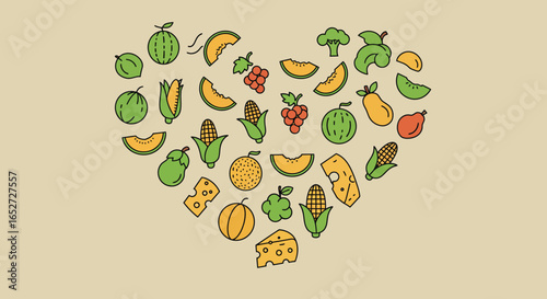 Healthy Food Heart Concept Nutrition Vector Icons Collection