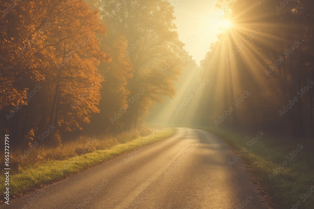 Obraz premium Morning rays illuminate autumn landscape along rural path - vintage aesthetic