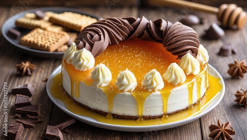 Decadent honey cake with dual chocolate swirls presented on a wooden surface