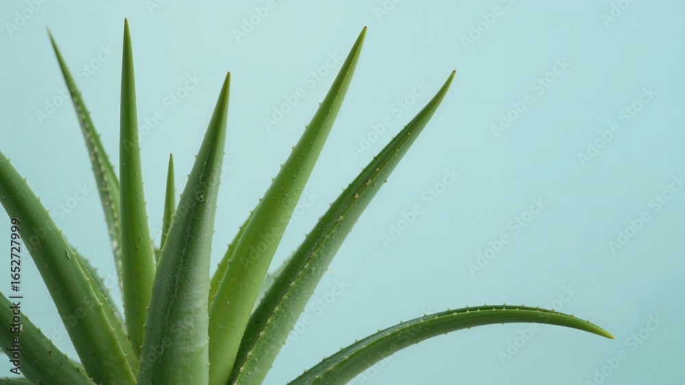 Obraz premium Macro shot of a green aloe vera leaf set on a light blue surface