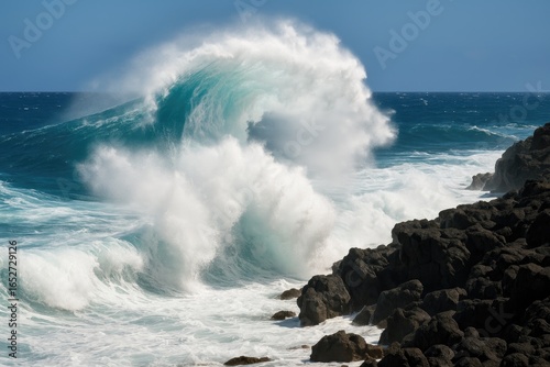 Severe wind conditions generate enormous waves that surge and break over rocky formations.