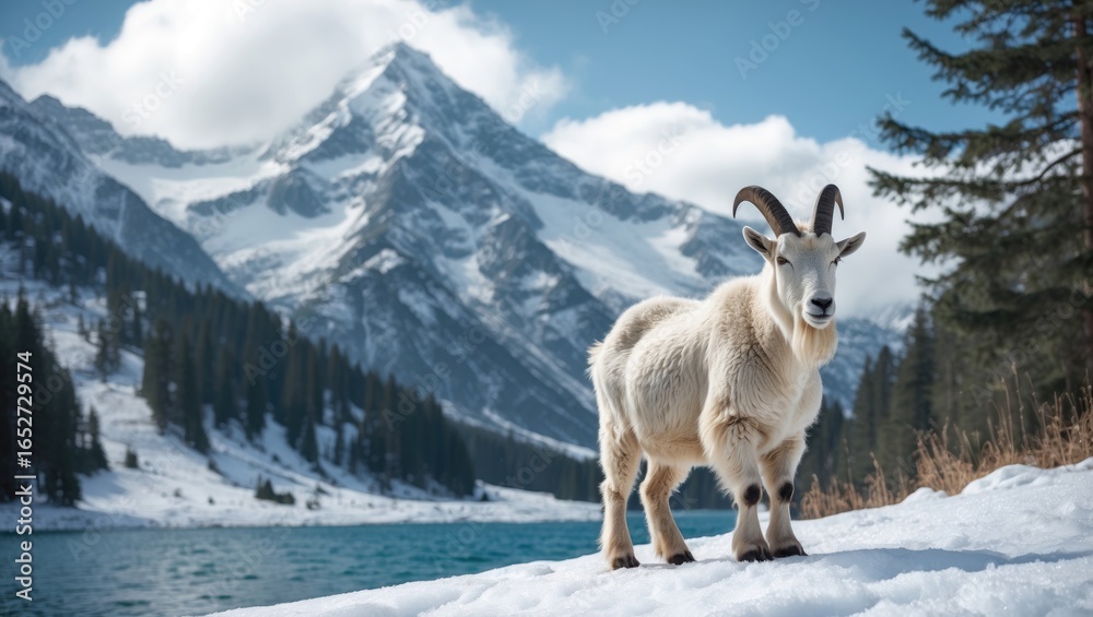 Fototapeta premium Mountain goat perched on a snowy peak