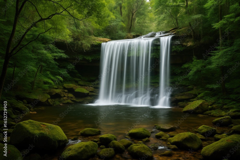 Obraz premium Wide-angle view of a waterfall flowing through dense woodland in a protected natural reserve