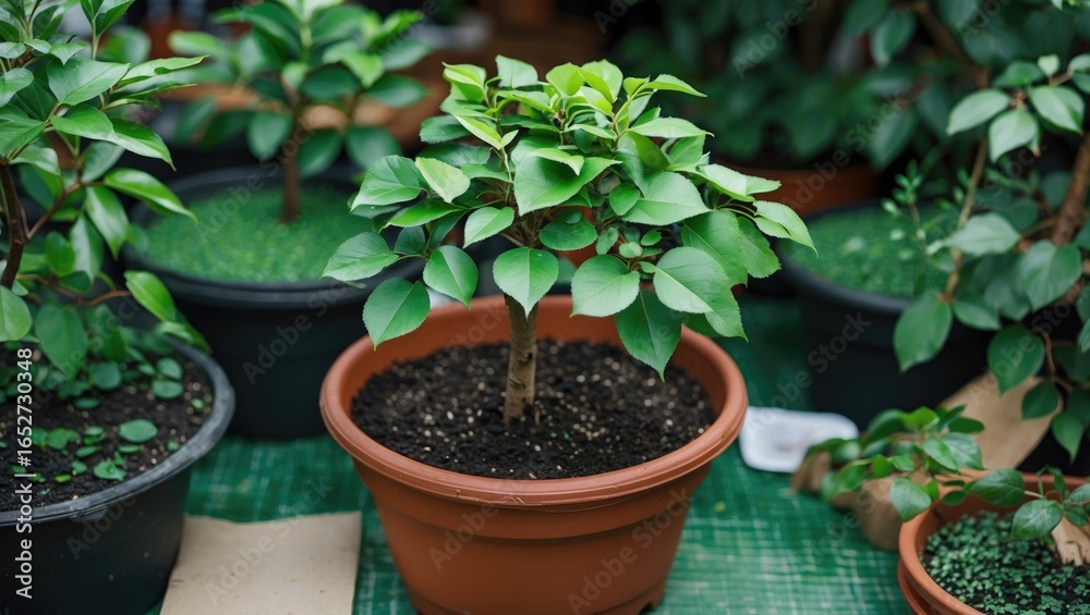 Vibrant green foliage in a pot displayed at the market stall Vibrant green foliage in a pot displayed at the market stall