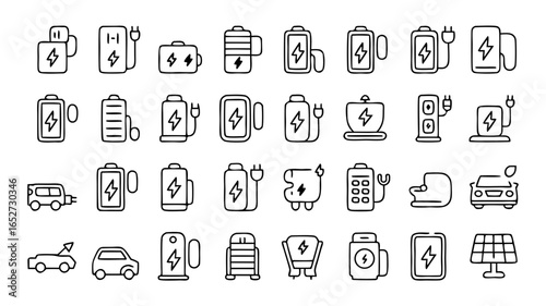 Electric vehicle charging station icons set showcasing eco friendly transport solutions