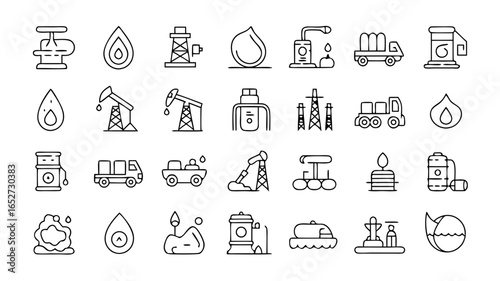 Oil and gas industry vector icons representing energy extraction processing and transportation