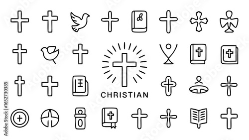 Christian icons set featuring crosses, doves, and bibles in minimalist line art style