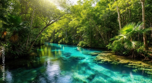 Crystal-clear turquoise river winding through lush tropical jungle. Sunlight streams through the canopy