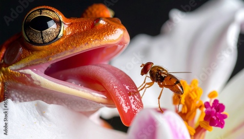 Frog Catching Fly, Natural Habitat, Close-Up Photography, Vibrant Environment, Macro View, Wildlife Concept