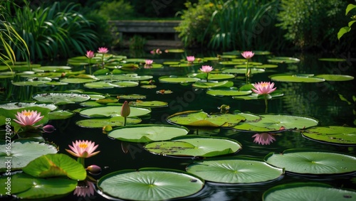 The pond is adorned with floating lily pads