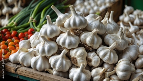 Fresh garlic heads arranged...