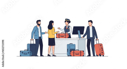 Travelers checking in at a hotel reception desk, interacting with staff.