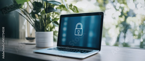 Laptop with lock icon on screen, symbolizing cybersecurity in a modern workspace