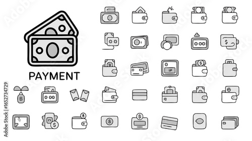 Payment methods icons set featuring cash, wallets, and cards in a simple style