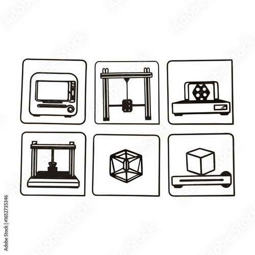Illustration of 3d printing icons, depicting various aspects of the technology isolated on white background