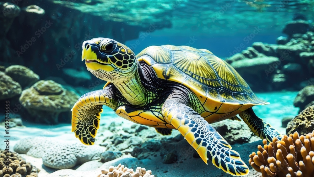 Fototapeta premium Sea turtle nestled among colorful coral structures