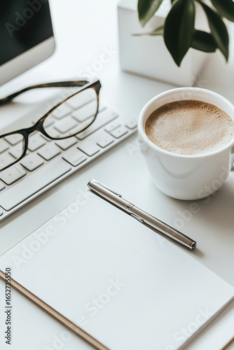 Home office workspace with coffee, glasses, and notebook